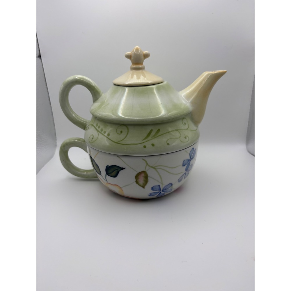 Tracy‎ Porter Hand Painted Ceramic Tea For One Set Stacking Teapot and Cup Green